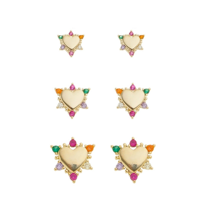 Trio de Brinco Anne Coração Zircônias Coloridas Folheado a Ouro 18k