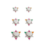Trio de Brinco Anne Coração Zircônias Coloridas Folheado em Ródio Branco