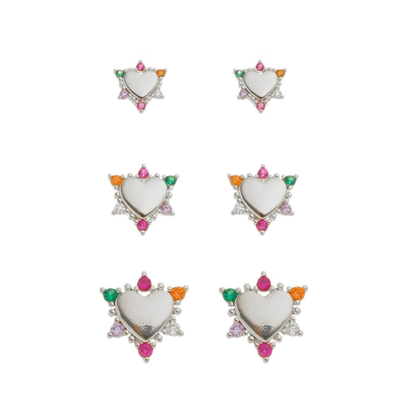 Trio de Brinco Anne Coração Zircônias Coloridas Folheado em Ródio Branco
