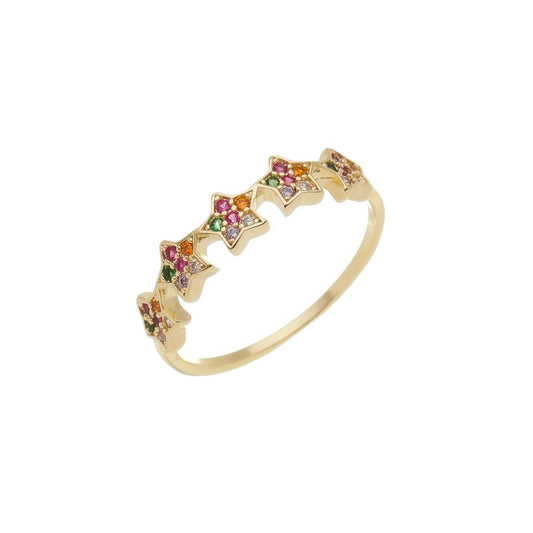 Anel Celeste Estrelas Zircônias Coloridas Folheado a Ouro 18k