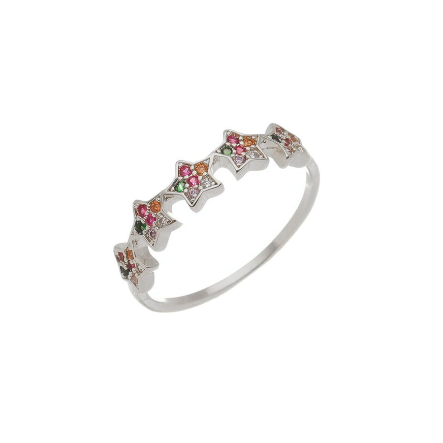 Anel Celeste Estrelas Zircônias Coloridas Folheado em Ródio Branco