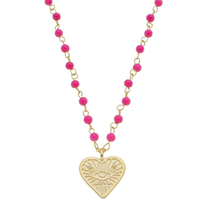 Colar Love Coração Olho Grego Zircônias Murano Pink Folheado a Ouro 18k