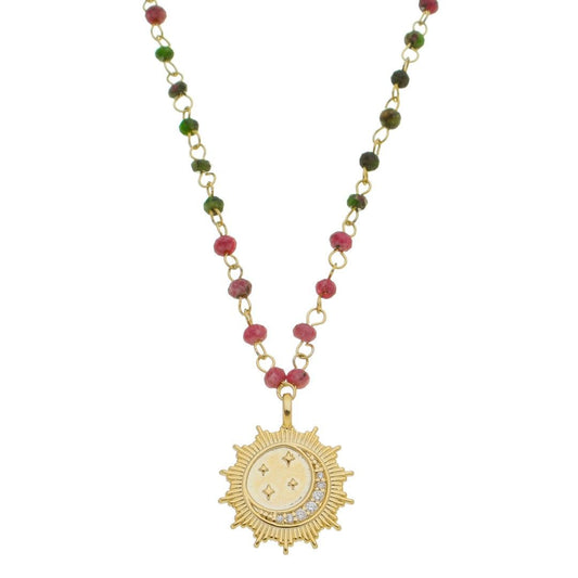Colar Longo Medalha Alya Sol Lua Estrela Pedra Natural Jade Rosa Verde Folheado a Ouro 18k