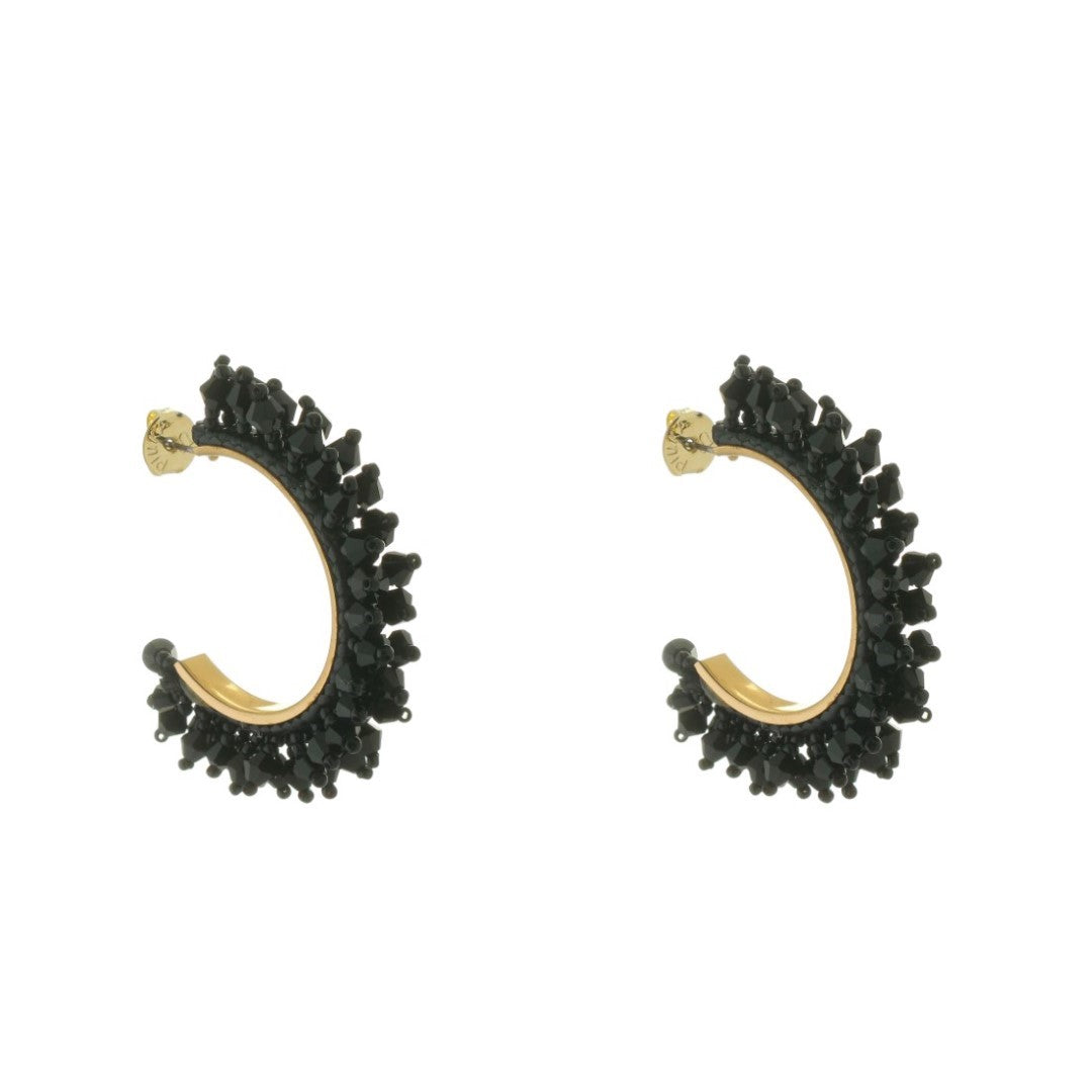 Brinco de Argola Demy Cristais e Miçangas Preto Piuka