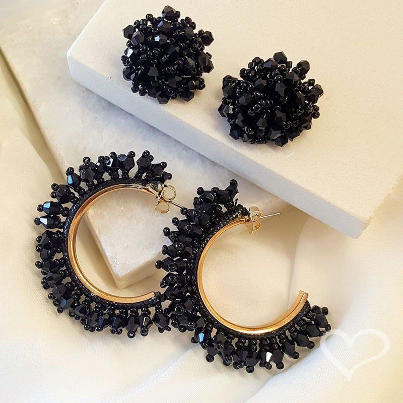 Brinco de Argola Demy Cristais e Miçangas Preto Piuka