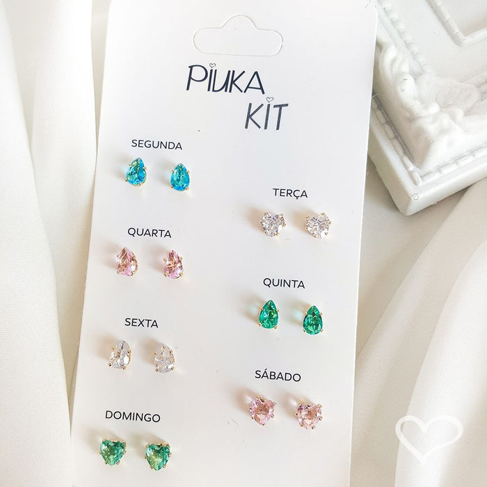 Kit 7 Brincos Semaninha Dri Zircônia Colorida Folheado a Ouro 18k