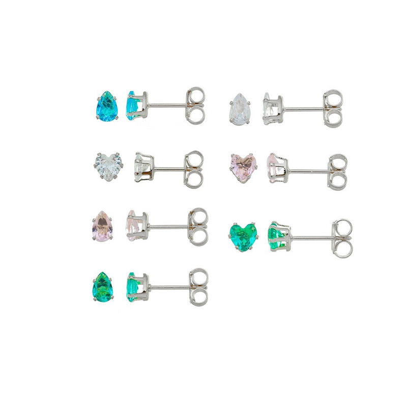 Kit 7 Brincos Semaninha Dri Zircônia Colorida Folheado em Ródio Branco