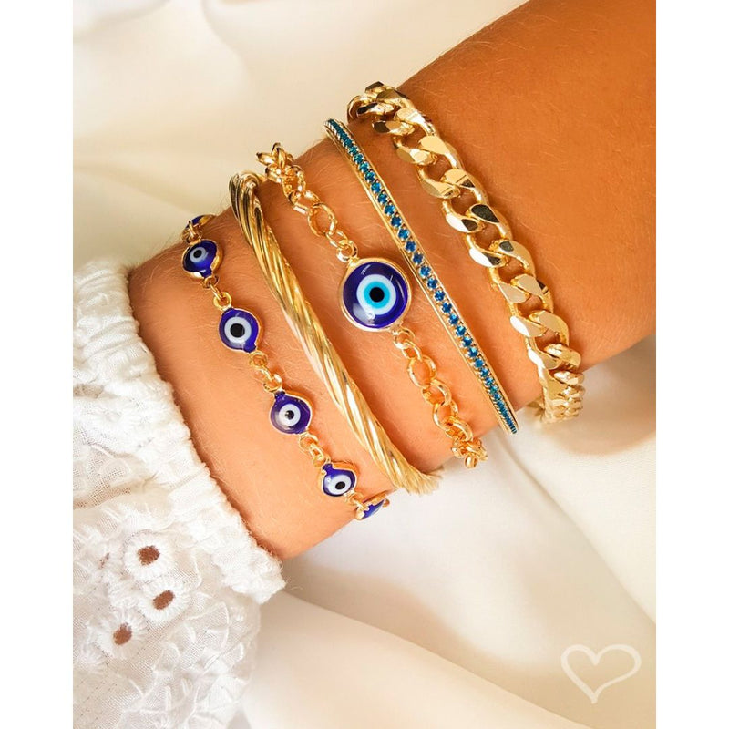 Pulseira Ajustável Folheada a Ouro 18k Grécia Olho Grego Pequeno Azul