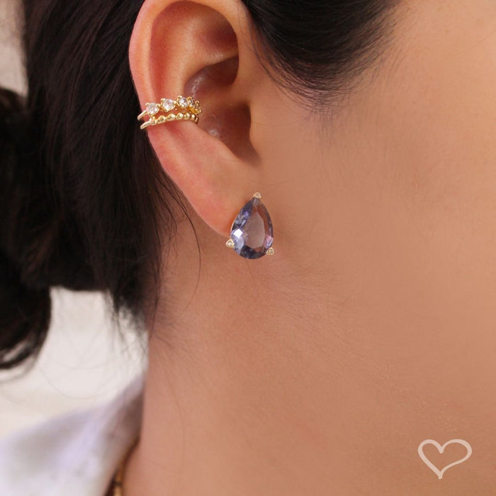 Brinco Maria Sophia Gota Zircônia Tanzanita Folheado a Ouro 18k