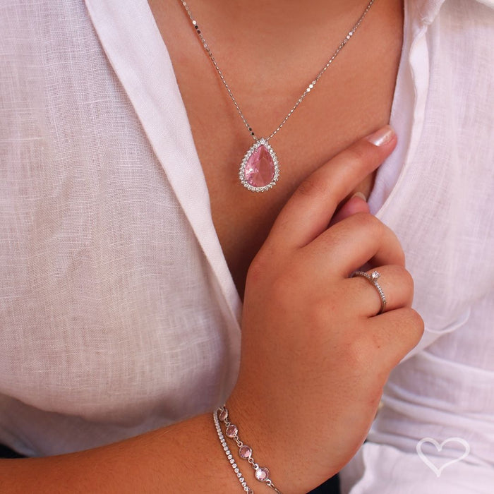 Colar Maria Fernanda Gota Zircônia Rosa Folheado em Ródio Branco