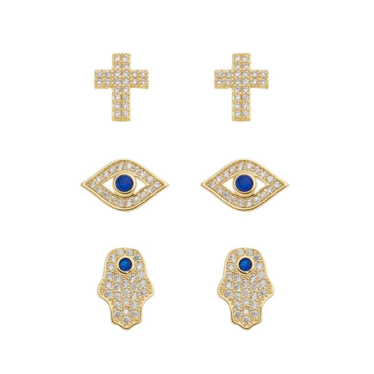 Trio de Brincos Mia Olho Grego Mão Hamsa e Cruz Folheado a Ouro 18k