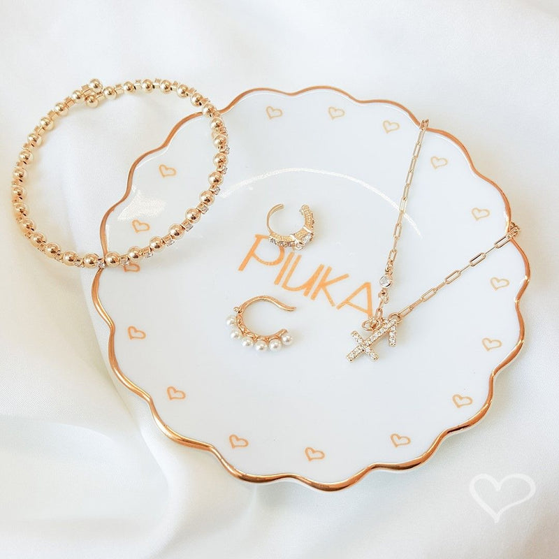 Pratinho Porta Joia do Dia Piuka Porcelana com Filete de Ouro