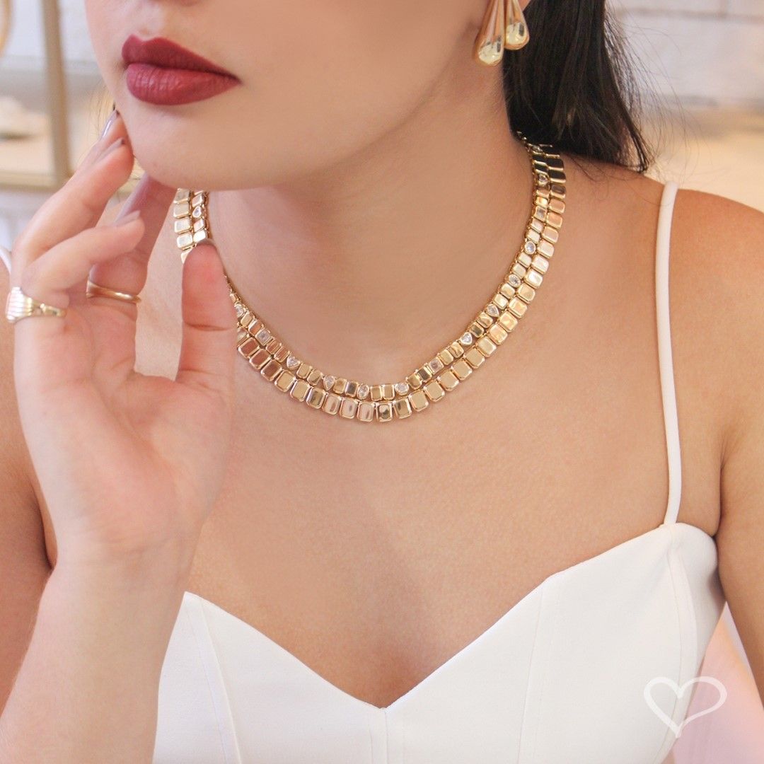Colar Leticia Malha Detalhes Zircônias Folheado a Ouro 18k