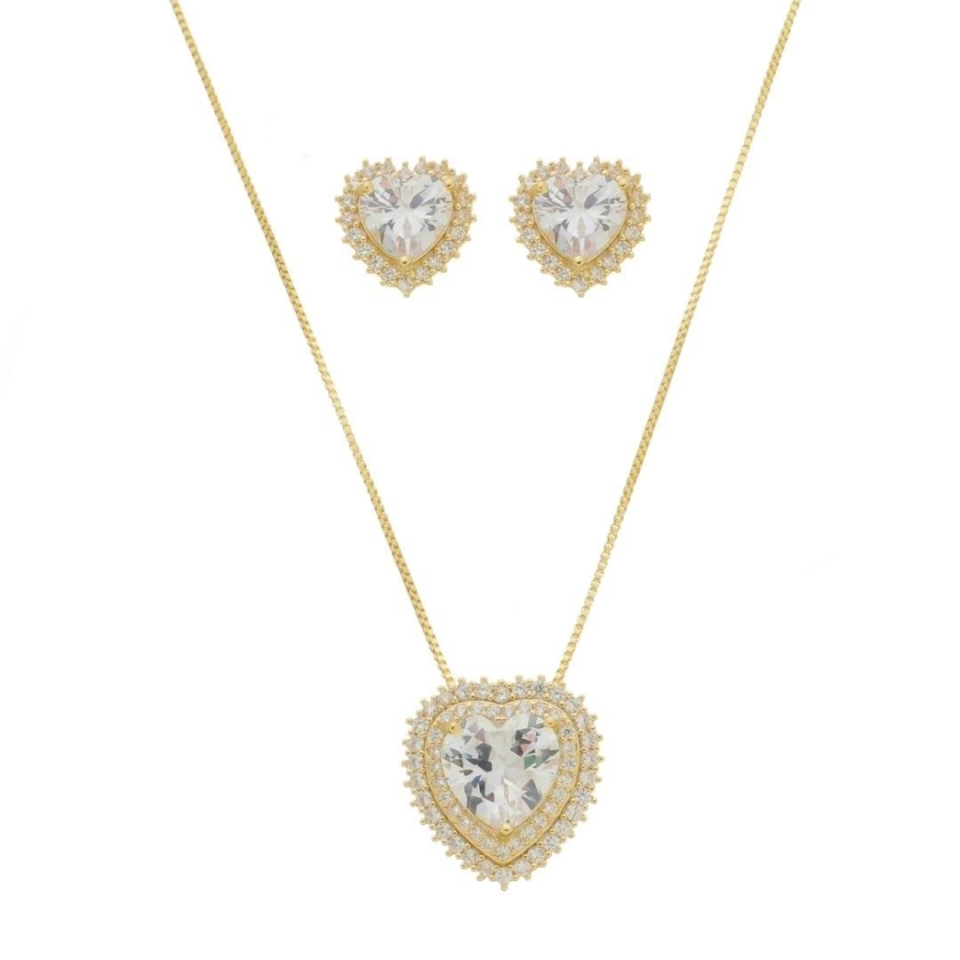 Conjunto Colar e Brinco Coração Lizzy Zircônias Folheado a Ouro 18k