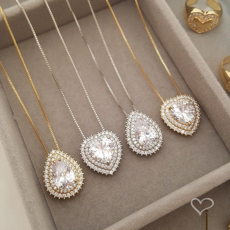 Conjunto Colar e Brinco Coração Lizzy Zircônias Folheado em Ródio Branco