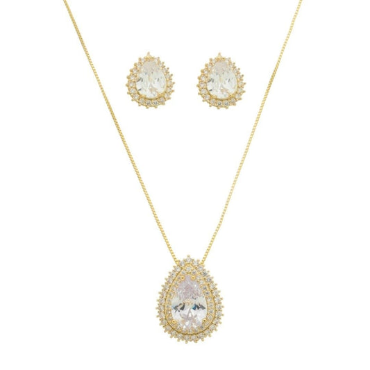 Conjunto Colar e Brinco Gota Lizzy Zircônias Folheado a Ouro 18k