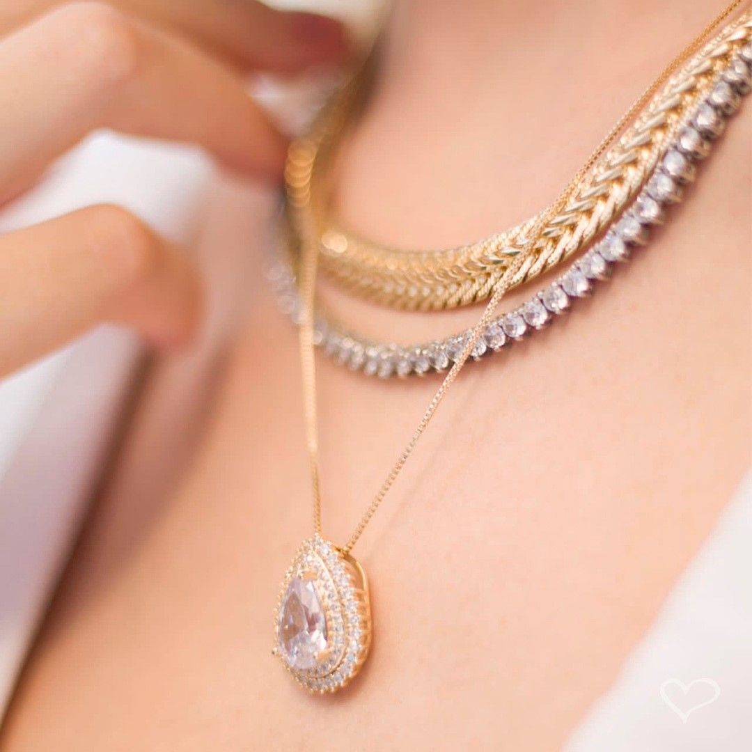 Conjunto Colar e Brinco Gota Lizzy Zircônias Folheado a Ouro 18k