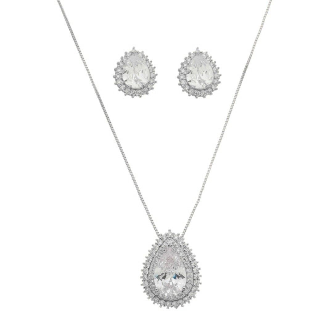 Conjunto Colar e Brinco Gota Lizzy Zircônias Folheado em Ródio Branco