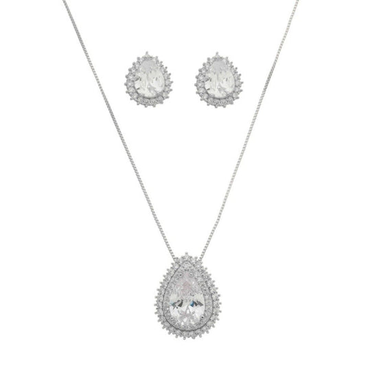 Conjunto Colar e Brinco Gota Lizzy Zircônias Folheado em Ródio Branco