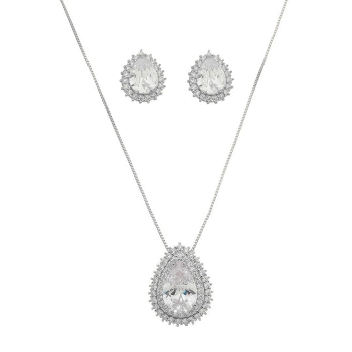 Conjunto Colar e Brinco Gota Lizzy Zircônias Folheado em Ródio Branco