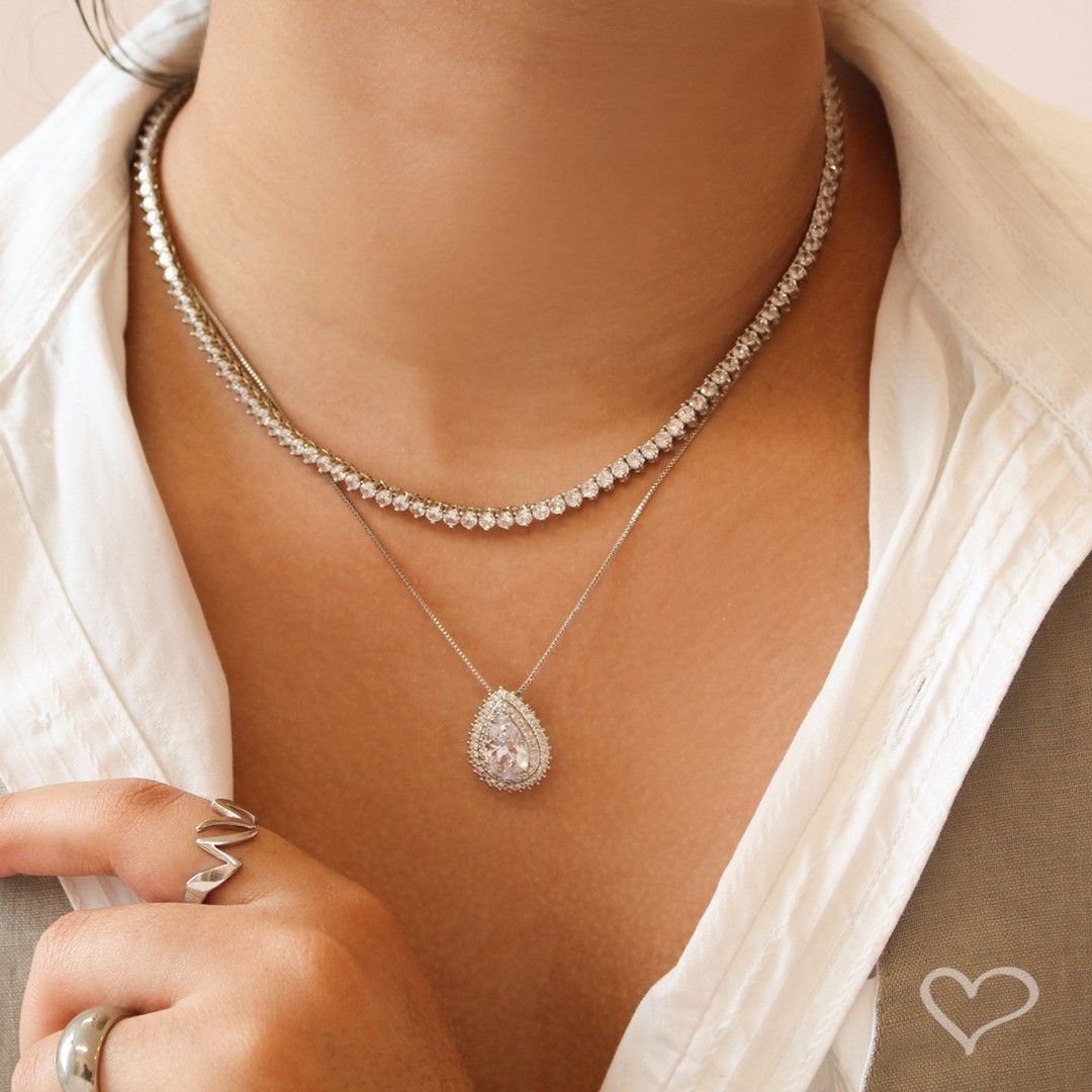 Conjunto Colar e Brinco Gota Lizzy Zircônias Folheado em Ródio Branco