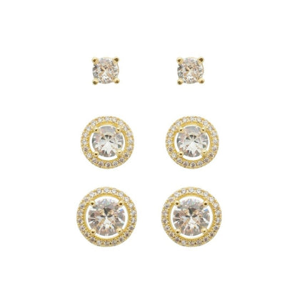 Trio de Brincos Solitário Diana Zircônias Folheado a Ouro 18k