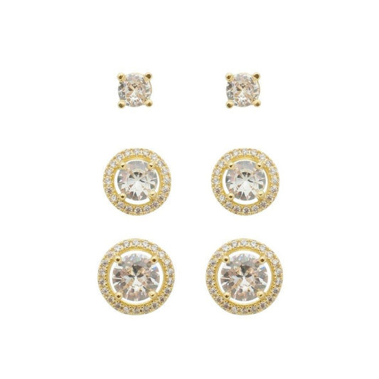 Trio de Brincos Solitário Diana Zircônias Folheado a Ouro 18k