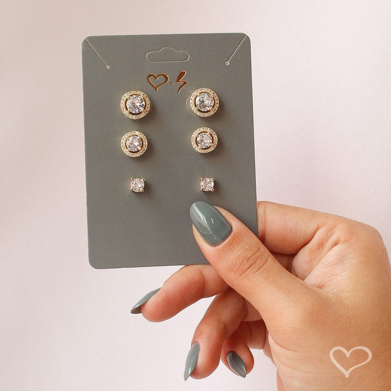 Trio de Brincos Solitário Diana Zircônias Folheado a Ouro 18k