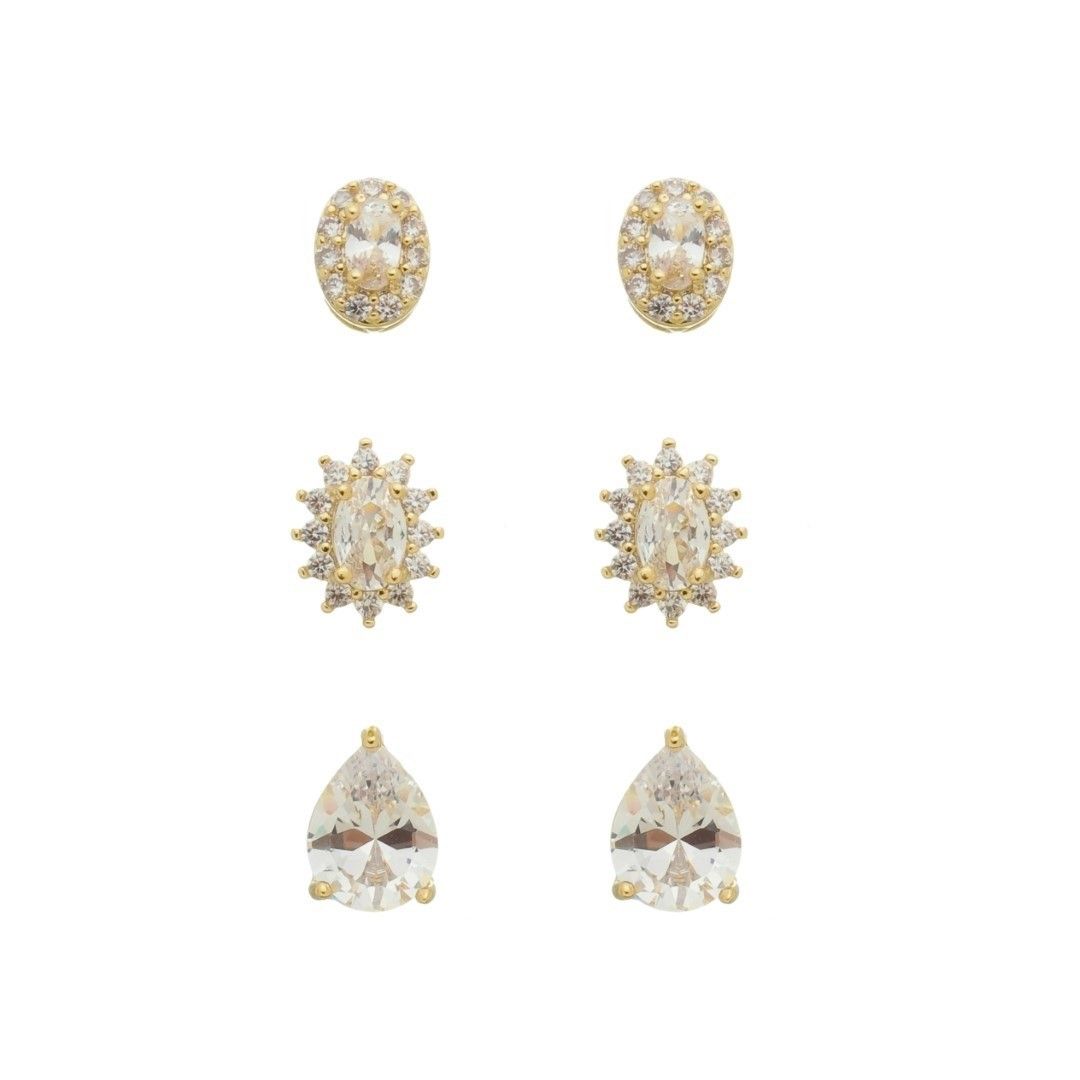 Trio de Brincos Mary Zircônias Folheado a Ouro 18k