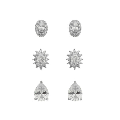 Trio de Brincos Mary Zircônias Folheado em Ródio Branco