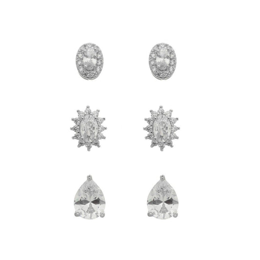 Trio de Brincos Mary Zircônias Folheado em Ródio Branco