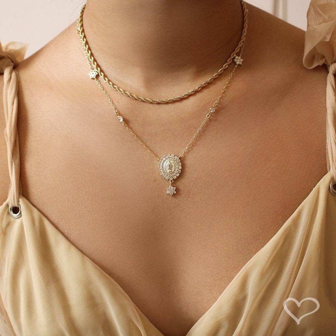 Colar Medalha Nossa Senhora das Graças Zircônias Folheado a Ouro 18k