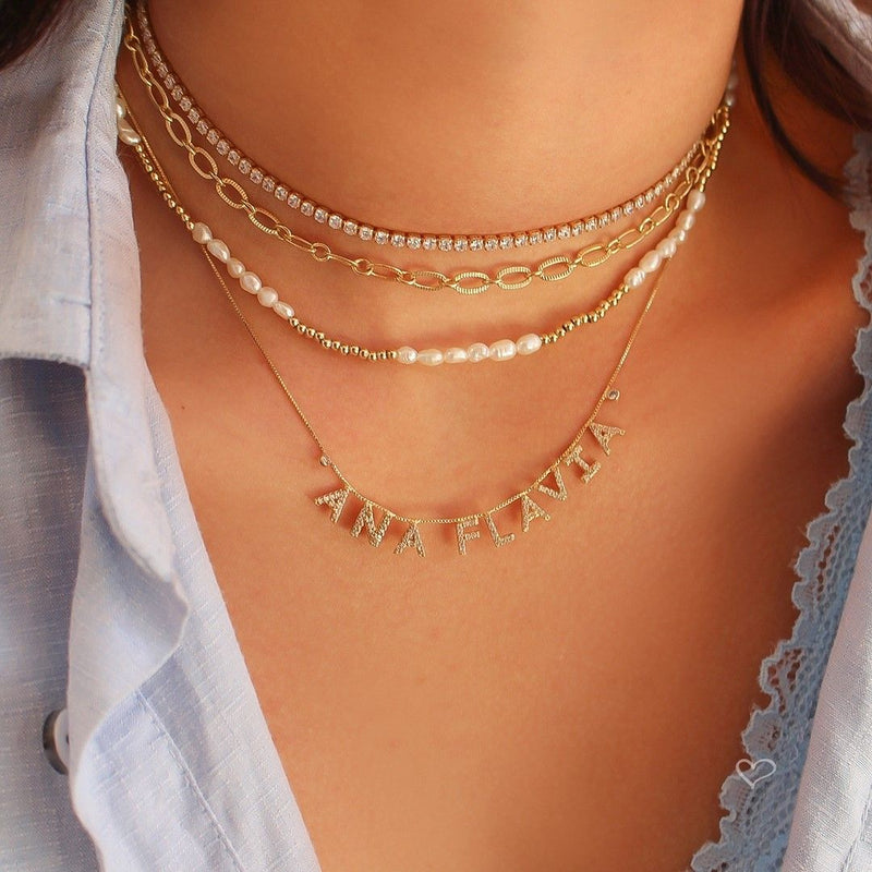 Colar Personalizado Nome Cravejado Ponto de Luz Zircônias Folheado a Ouro 18k