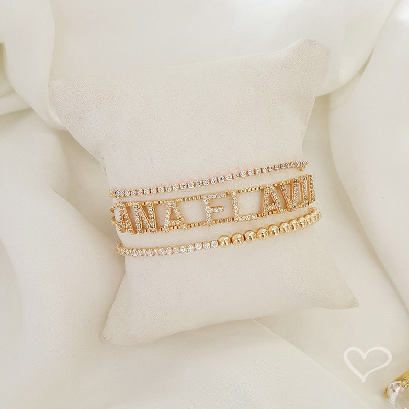 Pulseira Personalizada Nome Corrente Dupla Zircônias Folheada a Ouro 18k