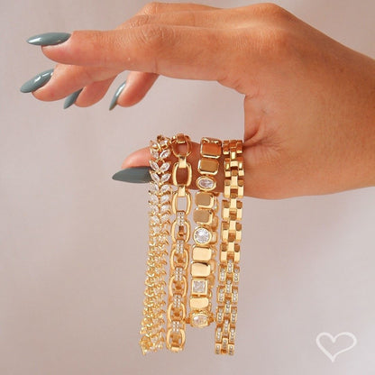Pulseira Cleo Elos Quadrados Zircônias Folheada a Ouro 18k