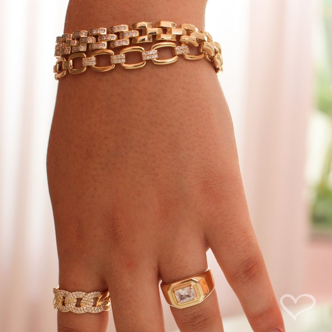 Pulseira Cleo Elos Quadrados Zircônias Folheada a Ouro 18k