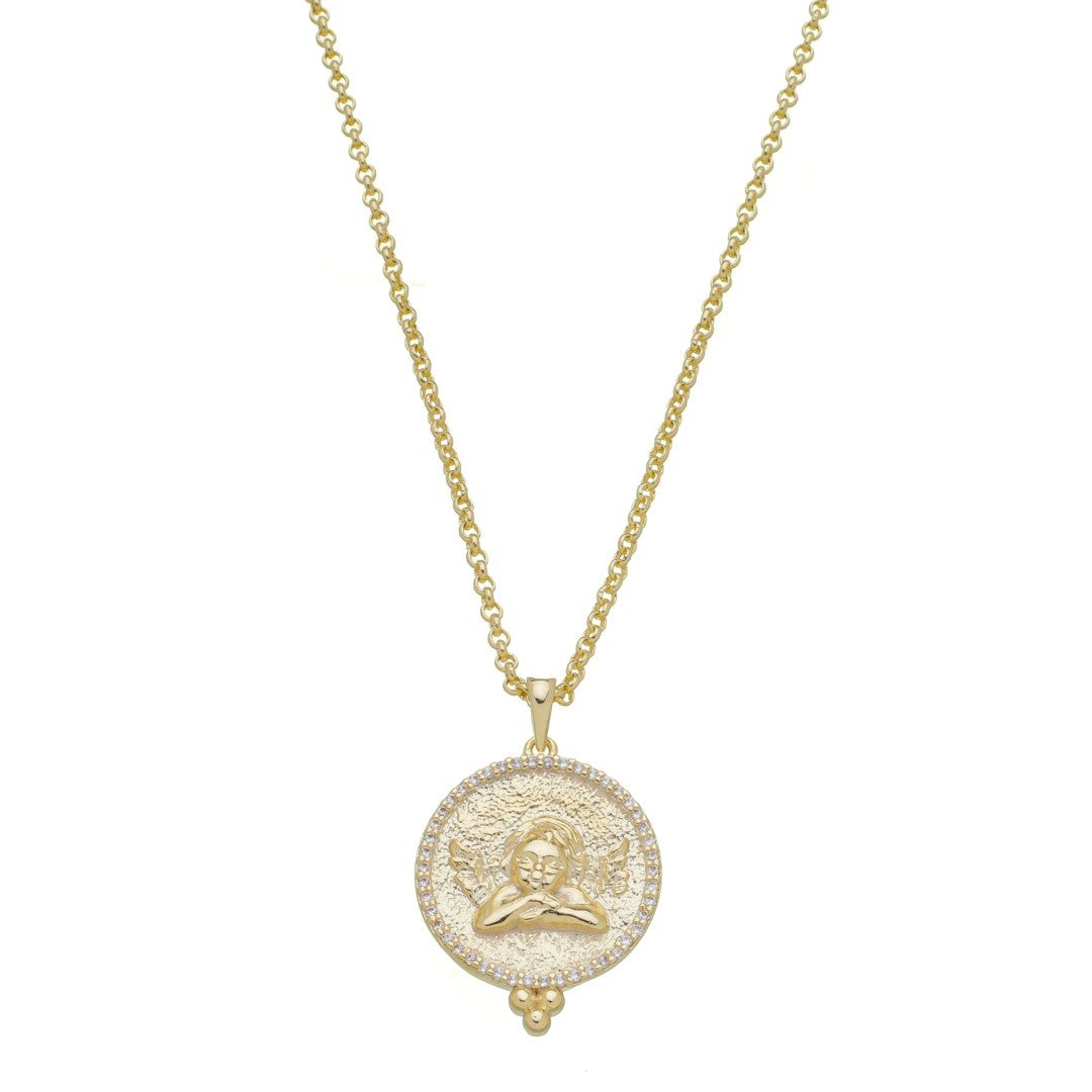 Colar Medalha Anjo da Guarda Zircônias Folheado a Ouro 18k