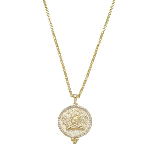 Colar Medalha Anjo da Guarda Zircônias Folheado a Ouro 18k