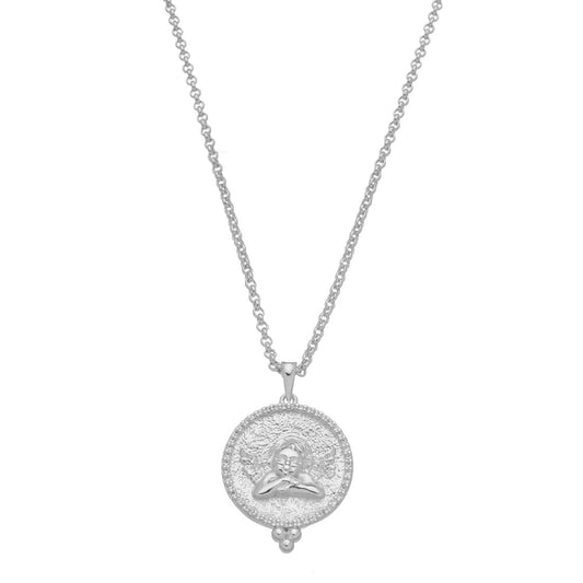 Colar Medalha Anjo da Guarda Zircônias Folheado em Ródio Branco
