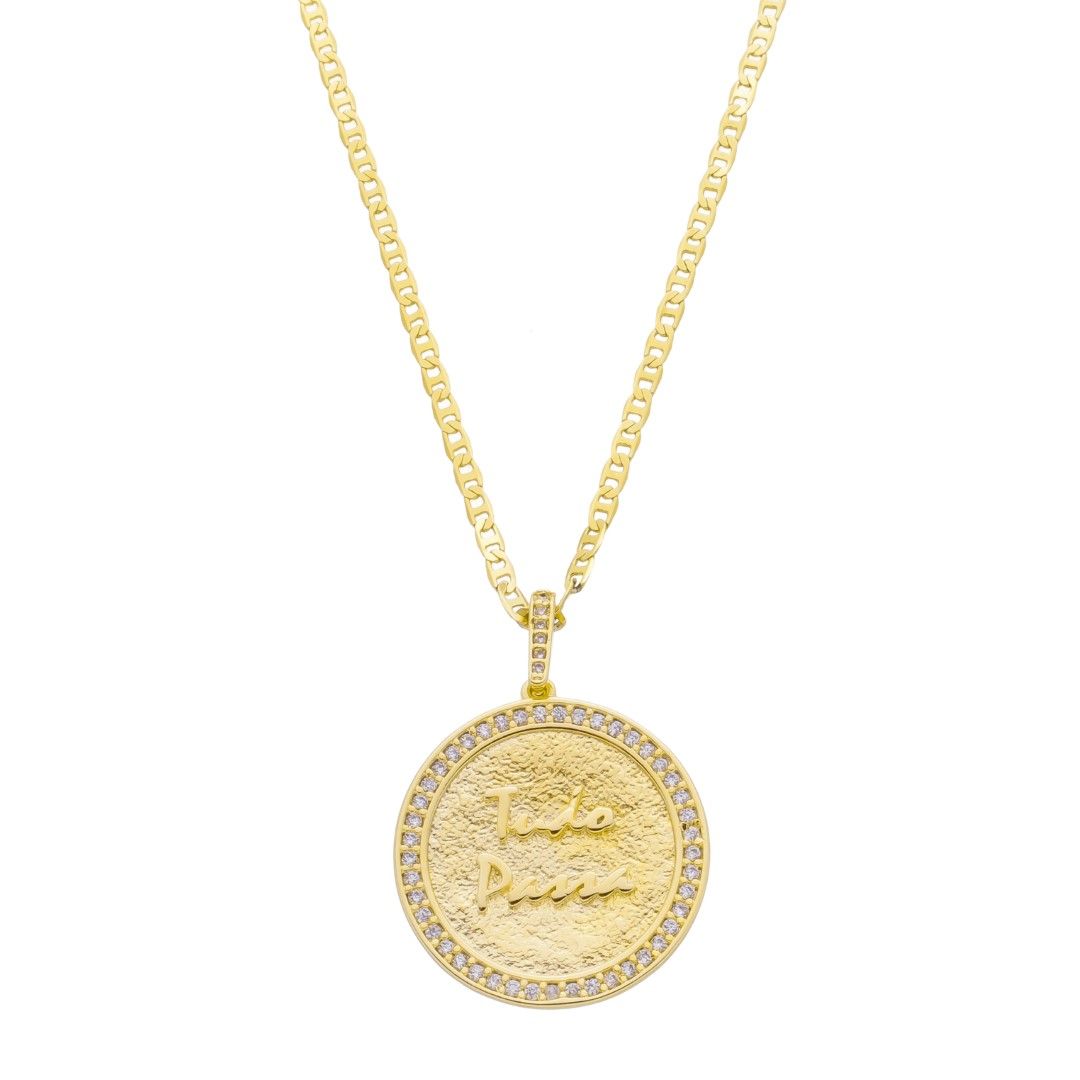 Colar Asha Medalha Tudo Passa Zircônias Folheado a Ouro 18k