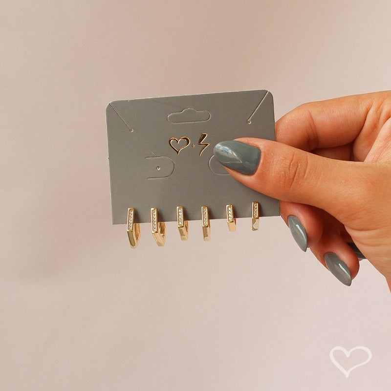 Trio de Brincos Argolinha Patty Zircônias Folheado a Ouro 18k