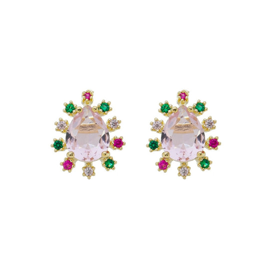 Brinco Ponto de Luz Gota Deise Zircônia Rosa Folheado a Ouro 18k
