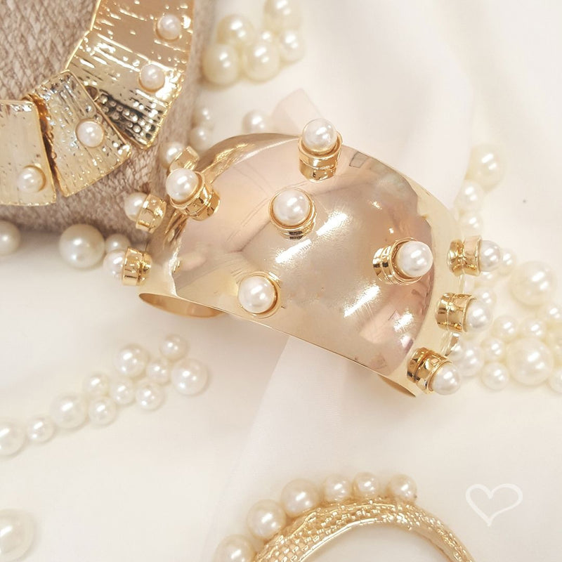 Bracelete Largo Nísia Pérolas Folheado a Ouro 18k