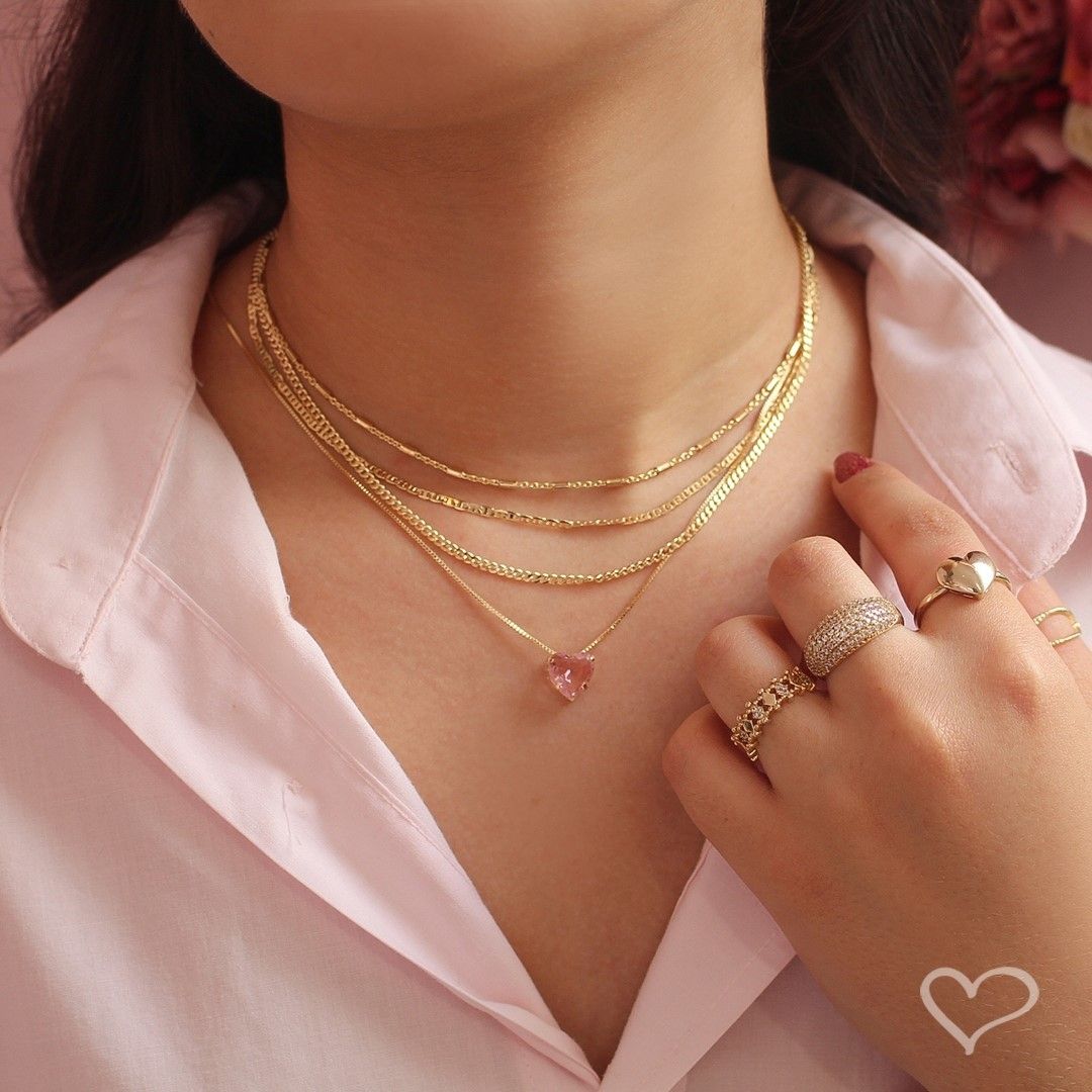 Colar de Coração Hcc Zircônia Rosa Folheado a Ouro 18k