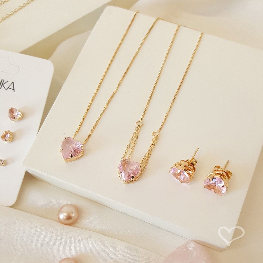 Colar de Coração Hcc Zircônia Rosa Folheado a Ouro 18k