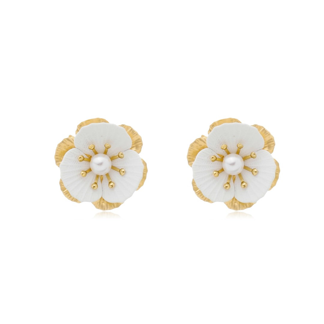 Brinco Flor Melissa Dourado e Branca