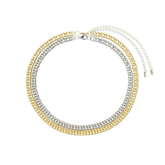 Choker Silvia 2 Voltas Malha Metal Folheada à Ouro e Folheada em Ródio Branco