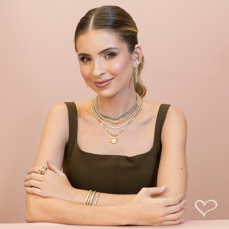 Choker Silvia 2 Voltas Malha Metal Folheada à Ouro e Folheada em Ródio Branco