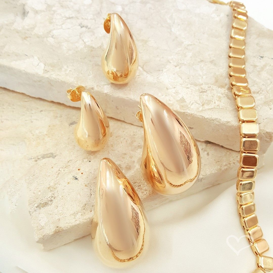 Brinco Hailey Gota Grande Folheado a Ouro 18k Piuka