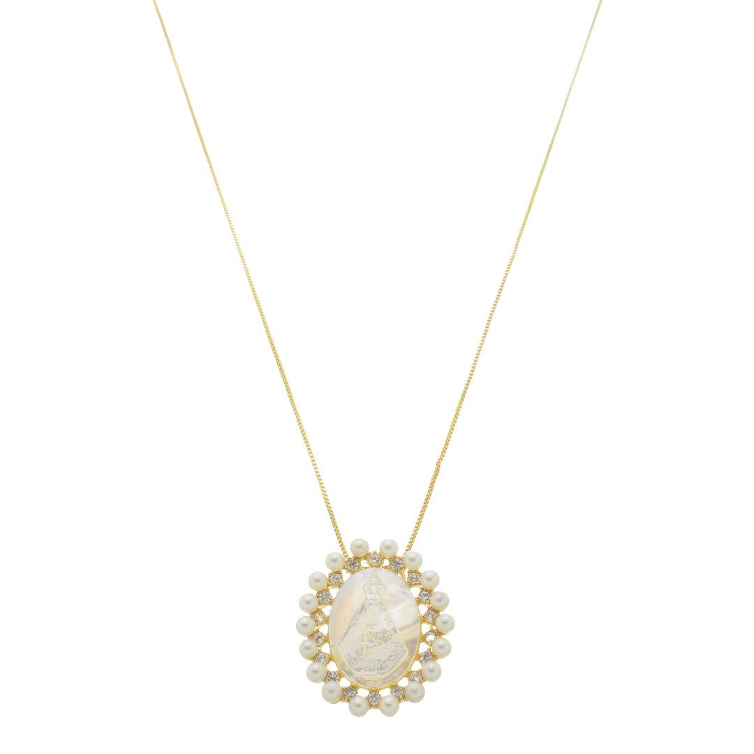 Colar Medalha Madrepérola Nossa Senhora Aparecida Folheado a Ouro 18k